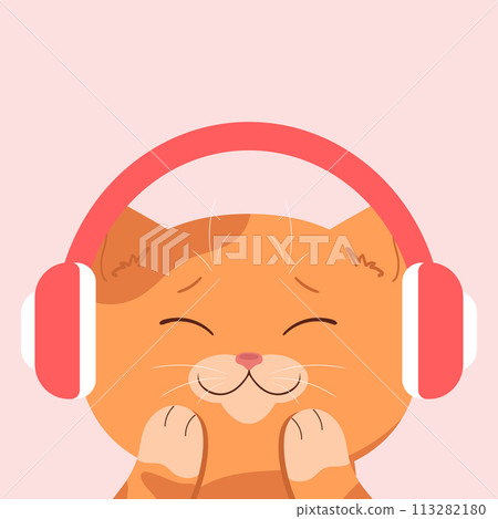 Cute red tabby cat in headphones. Cat listening to music with closed eyes. Cute cartoon character. Vector illustration Cute red tabby cat in headphones. Cat listening to music with closed eyes. Cute cartoon character. Vector illustration 113282180