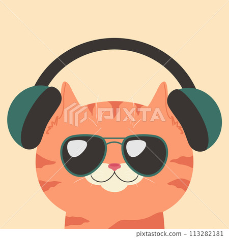 Red tabby cat in headphones wearing sunglasses. Ginger cat listening to music. Cute cartoon character. Vector illustration Red tabby cat in headphones wearing sunglasses. Ginger cat listening to music. Cute cartoon character. Vector illustration 113282181