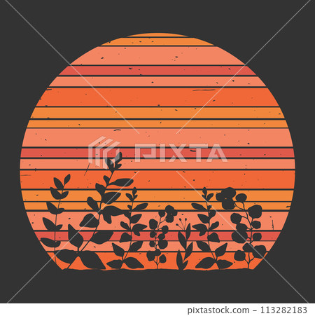 Retro style background with sunset and plants. Vintage grunge texture. Vector illustration 113282183