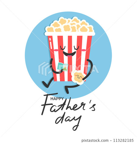 Fathers Day greeting card with a cute popcorn character reading book to a child. Dad and kid together. Vector illustration Fathers Day greeting card with a cute popcorn character reading book to a child. Dad and kid together. Vector illustration 113282185