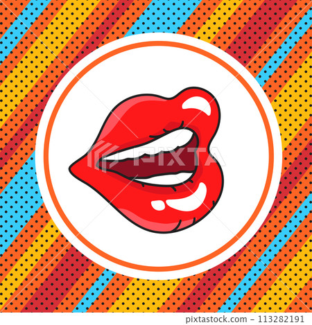 Retro pop art style bright background with speaking female lips. Red woman lips, stripes and dots. Vector illustration Retro pop art style bright background with speaking female lips. Red woman lips, stripes and dots. Vector illustration 113282191
