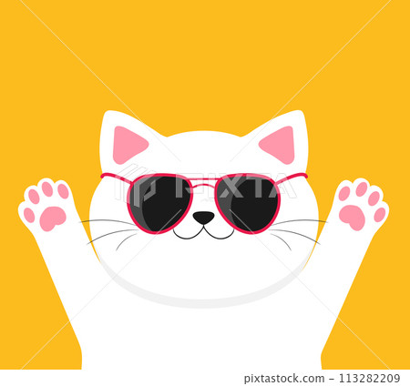 White cat wearing sunglasses. Cool stylish cat on yellow background. Cute cartoon character. Vector illustration 113282209