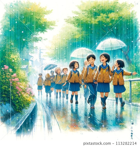 Family taking a walk on a rainy day 113282214