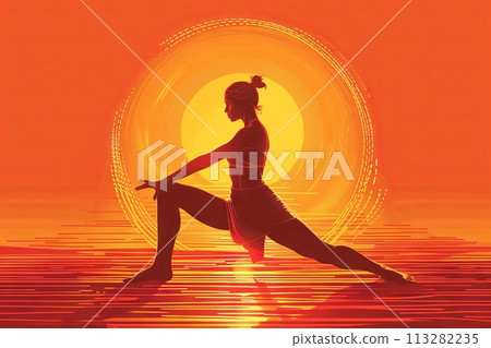 Feel the warmth of the sunlight radiating through your solar plexus chakra as you stretch into a warrior pose. cartoon 113282235