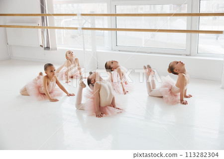 Group of little girls ballerinas doing floor stretches in a bright modern dance studio. Classical ballet school. 113282304
