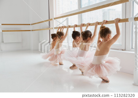 Photo of children, little girls in tutus perform, training ballet moves by barre in modern light dance studio. Classical ballet school. Photo of children, little girls in tutus perform, training ballet moves by barre in modern light dance studio. Classical ballet school. 113282320