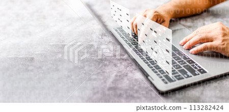 Businessman working from home using a laptop with a virtual screen. Process data and manage files on network efficiently. Online cloud database system and electronic document management system concept 113282424