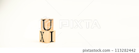 A wooden cube on a white table with text UI, UX. Concept of development and design and development, user interface, user experience, software, app. Copy space on right for a design, White background. A wooden cube on a white table with text UI, UX. Concept of development and design and development, user interface, user experience, software, app. Copy space on right for a design, White background. 113282442