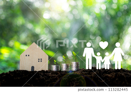 piggybank, lightbulb and icon family on soil, donation, saving, charity, family finance plan concept, fundraising, superannuation, investment, financial crisis concept. Dream future of many families. piggybank, lightbulb and icon family on soil, donation, saving, charity, family finance plan concept, fundraising, superannuation, investment, financial crisis concept. Dream future of many families. 113282445