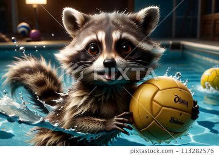 raccoon in the pool doing water polo raccoon in the pool doing water polo 113282576