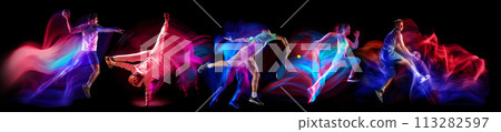 Dynamic images of athletes of different sport in motion, training on black background in neon with mixed lights Dynamic images of athletes of different sport in motion, training on black background in neon with mixed lights 113282597