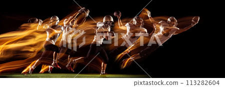 Development of movements. American football player in motion catching ball on black background in neon with mixed lights Development of movements. American football player in motion catching ball on black background in neon with mixed lights 113282604