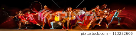 Athletes of different sports, men and women in motion, training, playing on black background in neon with mixed lights 113282606