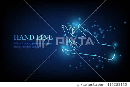 Human hand line, different hands, gestures and signs, digital business concept, futuristic digital innovation background vector illustration. 113283130
