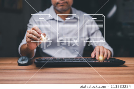 Signing business contract concept. Online business contract Electronic signature, e-signing, digital document management, paperless office. Businessman working at home using laptop with virtual screen 113283224