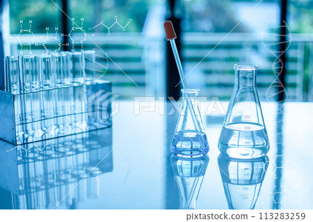 Chemistry experiment concept in science laboratory Two science flasks of different sizes contain different chemicals. The chemicals are in many glass tubes that are placed on the table and blurred. 113283259