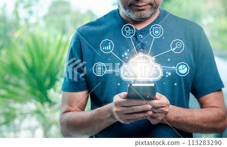 Cloud technology. Data storage. Networking server and backup database on internet service concept. businessman uses a smartphone with a cloud computing diagram display on a virtual screen. copy space 113283290