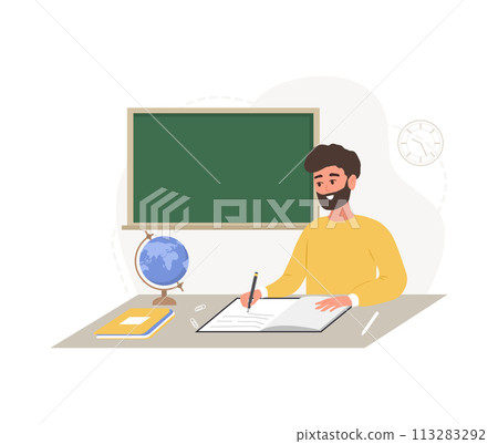 Male teacher in classroom. Pedagogue sitting at table and checking homework. School and college concept. Vector illustration in flat cartoon style 113283292