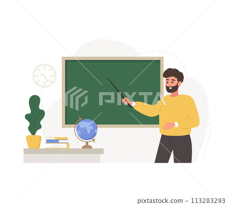 Male teacher in classroom. Pedagogue with pointer at chalkboard. School and college concept. Vector illustration in flat cartoon style 113283293