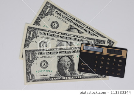 Close up, top view. Accounting and control of the family budget. Money with calculator to save. Close up, top view. Accounting and control of the family budget. Money with calculator to save. 113283344