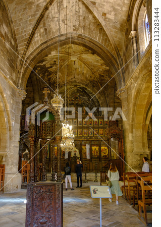 Interior of Greek Orthodox church in Bellapais Abbey, Cyprus. Interior of Greek Orthodox church in Bellapais Abbey, Cyprus. 113283444