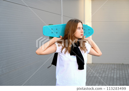 Beautiful and blonde girl practicing long board on the road 113283499