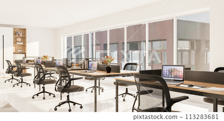 Modern office space with desks, computers and natural light during the day 3d render illustration Modern office space with desks, computers and natural light during the day 3d render illustration 113283681