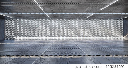 Modern architectural design featuring a perforated metal facade in an urban setting 3d render illustration 113283691