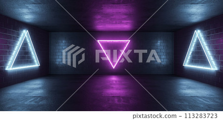Neon-lit empty room with brick wall 3d render illustration 113283723
