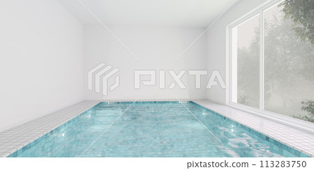 Large indoor swimming pool in a white room 3d render illustration 113283750