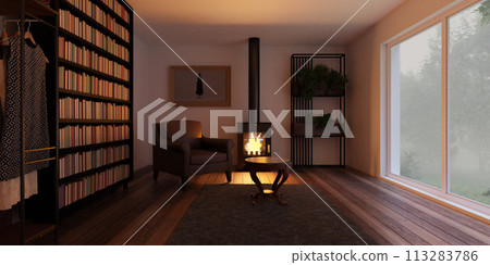 Living room with central fireplace 3d render illustration 113283786