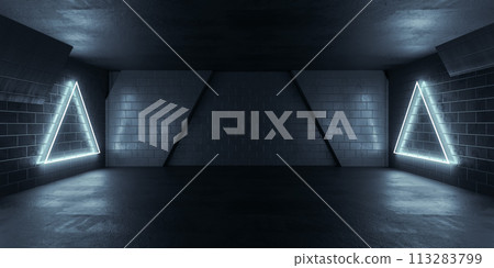 Neon-lit brick room 3d render illustration 113283799