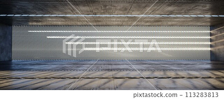 Sunlight streaming through perforated metal wall in modern industrial space 3d render illustration 113283813
