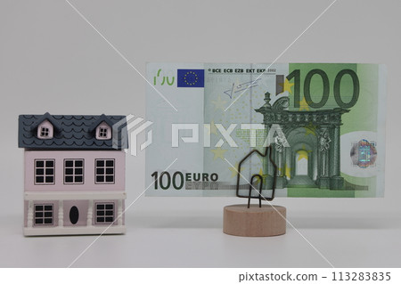 The toy house stands next to the banknote on the stand. Accurate financial calculation when buying a property. 113283835