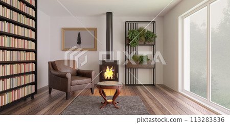 A cozy living room with fireplace and furniture 3d render illustration 113283836
