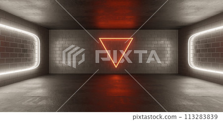 Neon-lit empty room with brick walls 3d render illustration 113283839