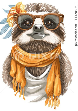 sloth With a crown of flowers and a relaxed smile 113283930