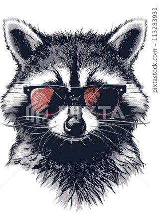 An illustration capturing a raccoon's suave expression behind a pair of chic sunglasses 113283931