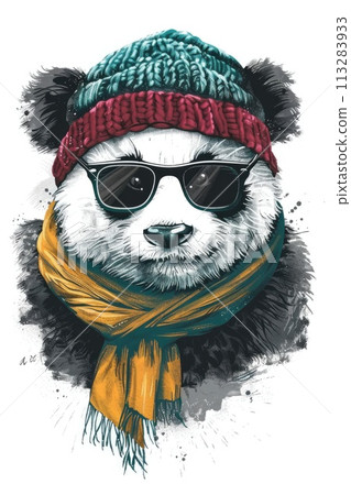 A whimsical panda dons a beanie and scarf A whimsical panda dons a beanie and scarf 113283933