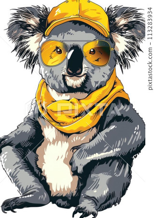 A koala sports a vibrant yellow cap and matching scarf A koala sports a vibrant yellow cap and matching scarf 113283934