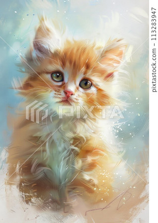 A captivating portrait of a kitten, brushed with soft strokes of paint and specks of light 113283947