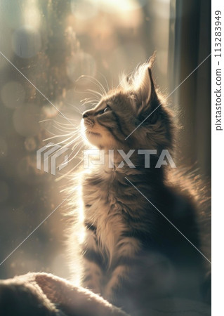 A serene kitten bathed in the golden hues of sunlight 113283949