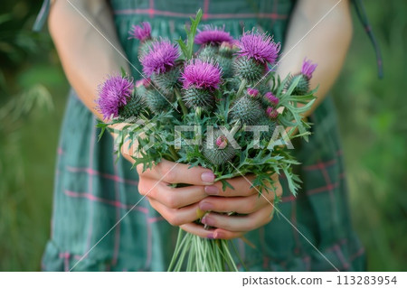 a woman holds a bouquet of thistles 113283954
