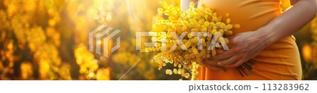 a pregnant woman holding bouquet of mimosa a pregnant woman holding bouquet of mimosa 113283962