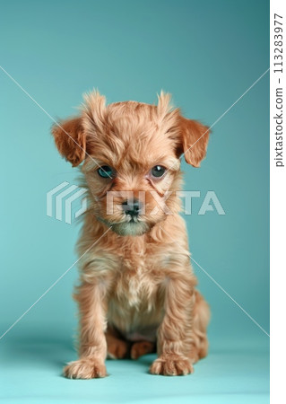 An adorable brown puppy sits attentively against a teal background An adorable brown puppy sits attentively against a teal background 113283977