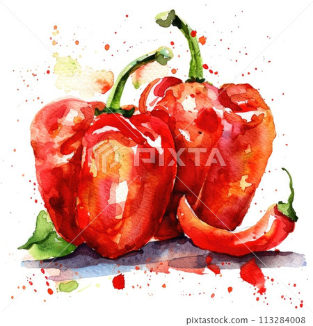 Vivid watercolor portrayal of a red bell pepper with striking color contrasts 113284008