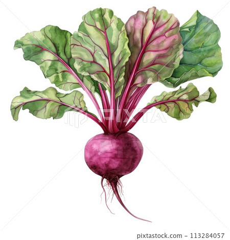 A watercolor depiction of a beetroot with its lush leaves 113284057