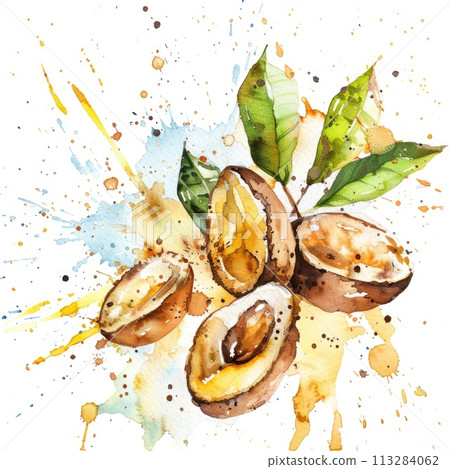 A dynamic watercolor composition features almonds and leaves amidst vibrant splashes 113284062