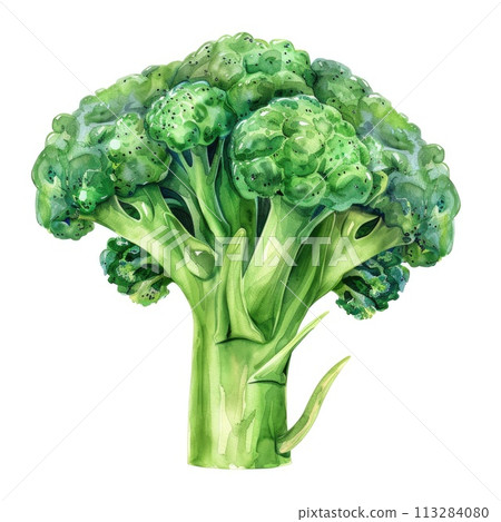 A vibrant and detailed watercolor painting of fresh broccoli, isolated on a white background 113284080