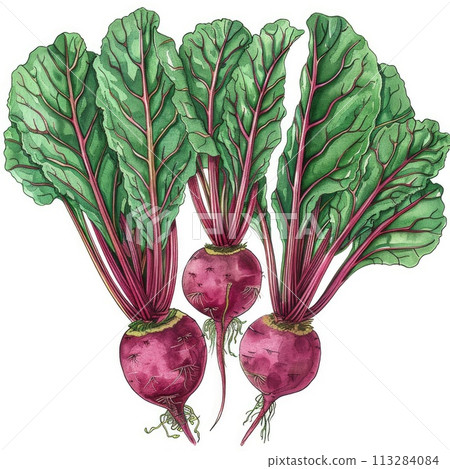 A watercolor depiction of a beetroot with its lush leaves 113284084